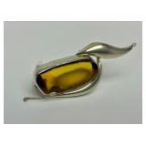 Sculptural Sterling Silver & Sliced Amber Brooch