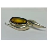 Sculptural Sterling Silver & Sliced Amber Brooch