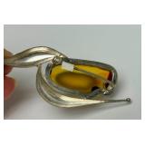 Sculptural Sterling Silver & Sliced Amber Brooch