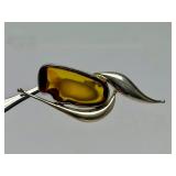 Sculptural Sterling Silver & Sliced Amber Brooch