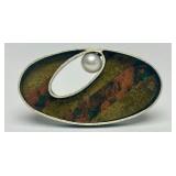 Lovely Sculptural Modernist Sterling Silver Brooch w/Genuine Pearl & Inset Stone