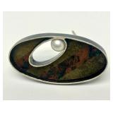 Lovely Sculptural Modernist Sterling Silver Brooch w/Genuine Pearl & Inset Stone