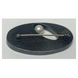 Lovely Sculptural Modernist Sterling Silver Brooch w/Genuine Pearl & Inset Stone