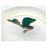 Signed Vintage Peruvian Sterling Silver Bird Brooch w/Green Stone - Signed Goizueta