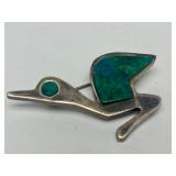 Signed Vintage Peruvian Sterling Silver Bird Brooch w/Green Stone - Signed Goizueta