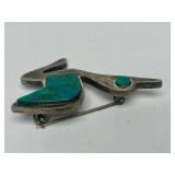 Signed Vintage Peruvian Sterling Silver Bird Brooch w/Green Stone - Signed Goizueta