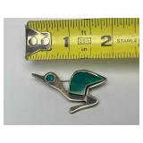 Signed Vintage Peruvian Sterling Silver Bird Brooch w/Green Stone - Signed Goizueta