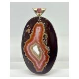 Lovely Large Sterling Silver & Banded Agate Pendant w/Pink Gemstone