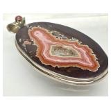 Lovely Large Sterling Silver & Banded Agate Pendant w/Pink Gemstone