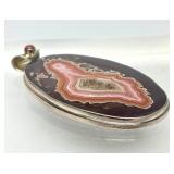 Lovely Large Sterling Silver & Banded Agate Pendant w/Pink Gemstone