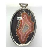 Lovely Large Sterling Silver & Banded Agate Pendant w/Pink Gemstone