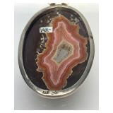 Lovely Large Sterling Silver & Banded Agate Pendant w/Pink Gemstone