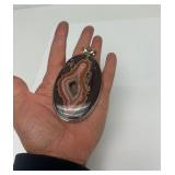 Lovely Large Sterling Silver & Banded Agate Pendant w/Pink Gemstone