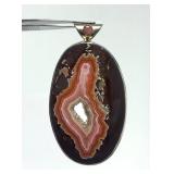 Lovely Large Sterling Silver & Banded Agate Pendant w/Pink Gemstone