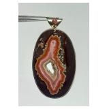 Lovely Large Sterling Silver & Banded Agate Pendant w/Pink Gemstone