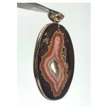 Lovely Large Sterling Silver & Banded Agate Pendant w/Pink Gemstone