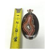 Lovely Large Sterling Silver & Banded Agate Pendant w/Pink Gemstone