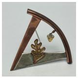 Very Nice Sterling Silver & Copper Oak Leaf Brooch w/Orange Gemstone Acorn