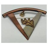 Very Nice Sterling Silver & Copper Oak Leaf Brooch w/Orange Gemstone Acorn