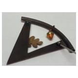 Very Nice Sterling Silver & Copper Oak Leaf Brooch w/Orange Gemstone Acorn