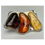 Sculptural Sterling Silver Brooch w/3 Types of Amber