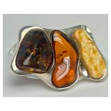 Sculptural Sterling Silver Brooch w/3 Types of Amber