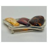 Sculptural Sterling Silver Brooch w/3 Types of Amber