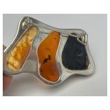 Sculptural Sterling Silver Brooch w/3 Types of Amber