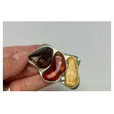 Sculptural Sterling Silver Brooch w/3 Types of Amber
