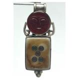 Very Cool Bone & Sterling Silver Pendant w/Carved Carnelian Face