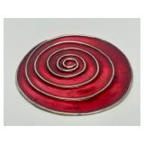 Large Signed Sterling Silver & Swirled Red Enamel Round Brooch - Signed Howison