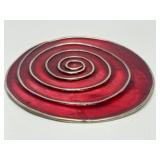 Large Signed Sterling Silver & Swirled Red Enamel Round Brooch - Signed Howison