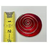 Large Signed Sterling Silver & Swirled Red Enamel Round Brooch - Signed Howison