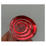Large Signed Sterling Silver & Swirled Red Enamel Round Brooch - Signed Howison