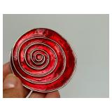 Large Signed Sterling Silver & Swirled Red Enamel Round Brooch - Signed Howison
