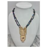 Beautiful LARGE Carved Bone Jeweled Jaguar / Owl / Eagle Pendant Necklace by Susan Tereba