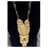 Beautiful LARGE Carved Bone Jeweled Jaguar / Owl / Eagle Pendant Necklace by Susan Tereba