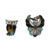 2 Smaller Vintage Inlaid Zuni Sterling Bird Brooches w/Owl