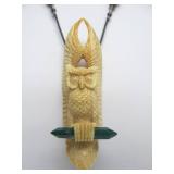 Wonderful Carved Bone or Fossil Ivory Owl Pendant Necklace by Susan Tereba