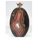 Lovely Large Sterling Silver & Banded Agate Pendant w/Pink Gemstone