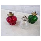 3 Vintage Kerosene Lamps and 2 Chimines