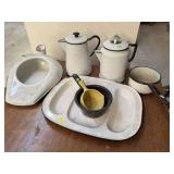 Vintage Enamal Ware Bed pan, Coffee Pots, Tray