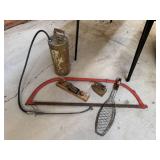 Bow Saw, Vintage Sprayer, Sad Iron, Wood Plane and Fish Griller