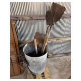 Galvanized Garbage Can with Shovels