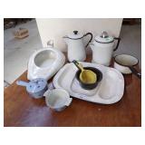 Vintage Enamal Ware Bed pan, Coffee Pots, Tray