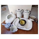 Vintage Enamal Ware Bed pan, Coffee Pots, Tray