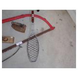 Bow Saw, Vintage Sprayer, Sad Iron, Wood Plane and Fish Griller