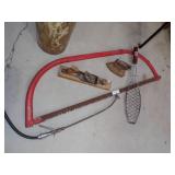 Bow Saw, Vintage Sprayer, Sad Iron, Wood Plane and Fish Griller