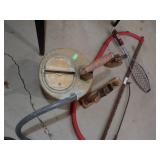 Bow Saw, Vintage Sprayer, Sad Iron, Wood Plane and Fish Griller