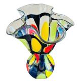 Mihai Topescu Hand Blown Art Glass Colorful Ruffled Vase Signed by Internationally Acclaimed Artist